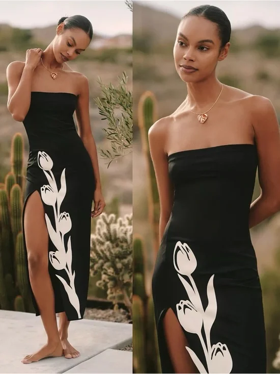 Bahía María Tulip Strapless Midi Dress Black XS - Picture 2 of 12